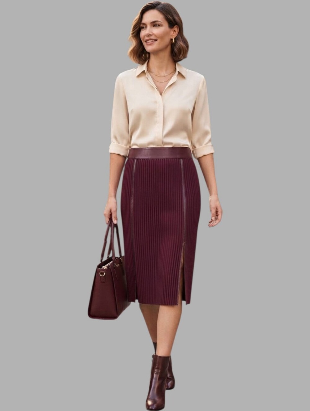 NWT Marc New York Pleated Burgundy Midi Skirt Faux Leather Trim Size Medium